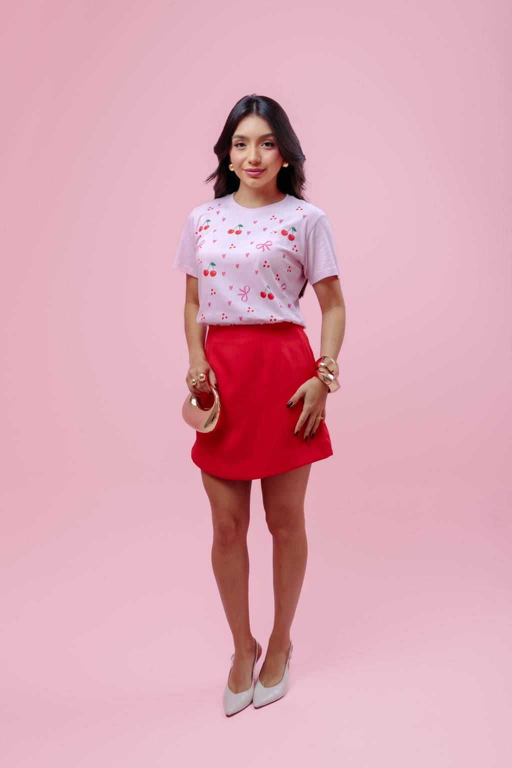 Camiseta Feminina Rosa com Estampa de Cereja