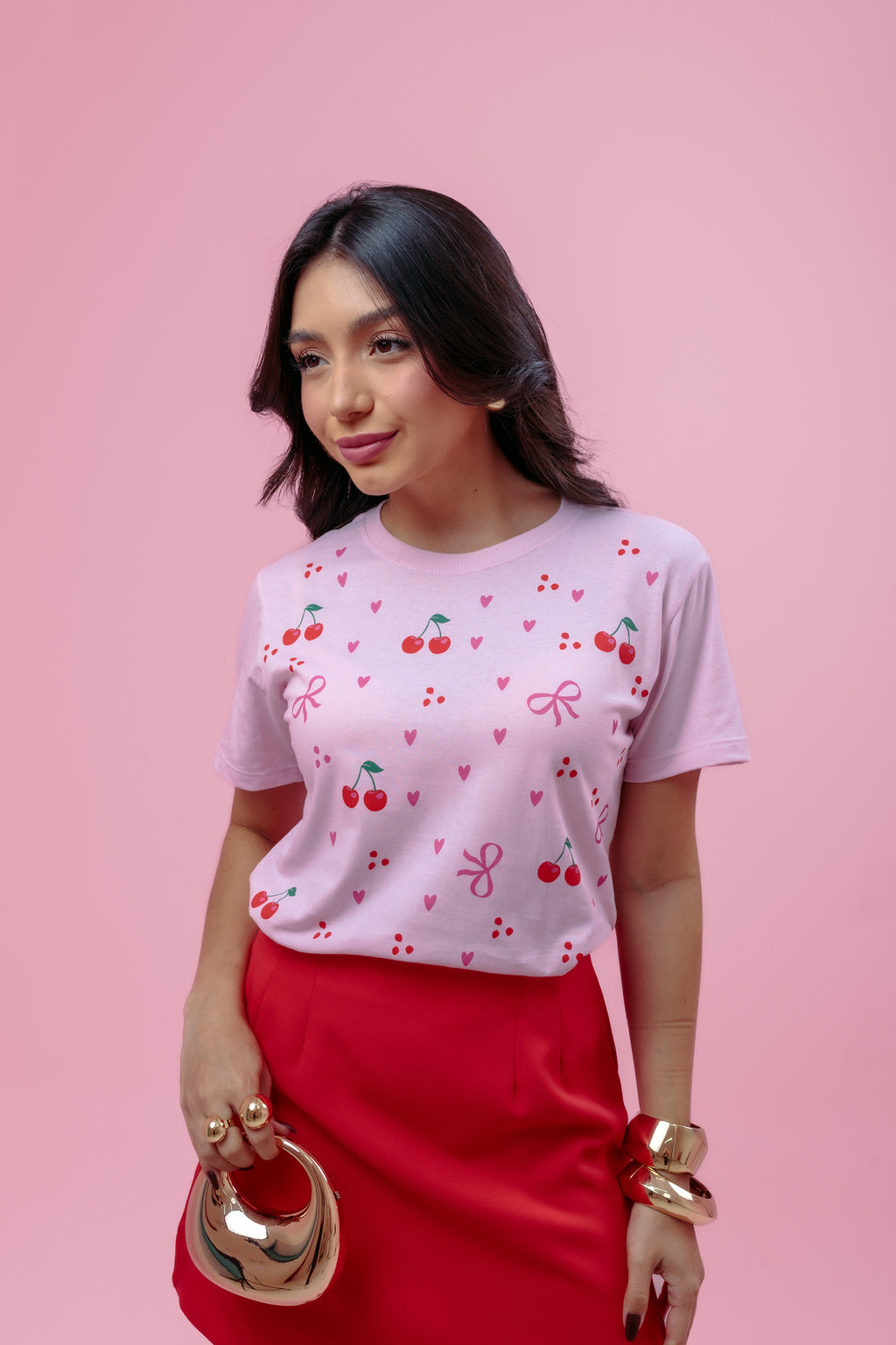 Camiseta Feminina Rosa com Estampa de Cereja