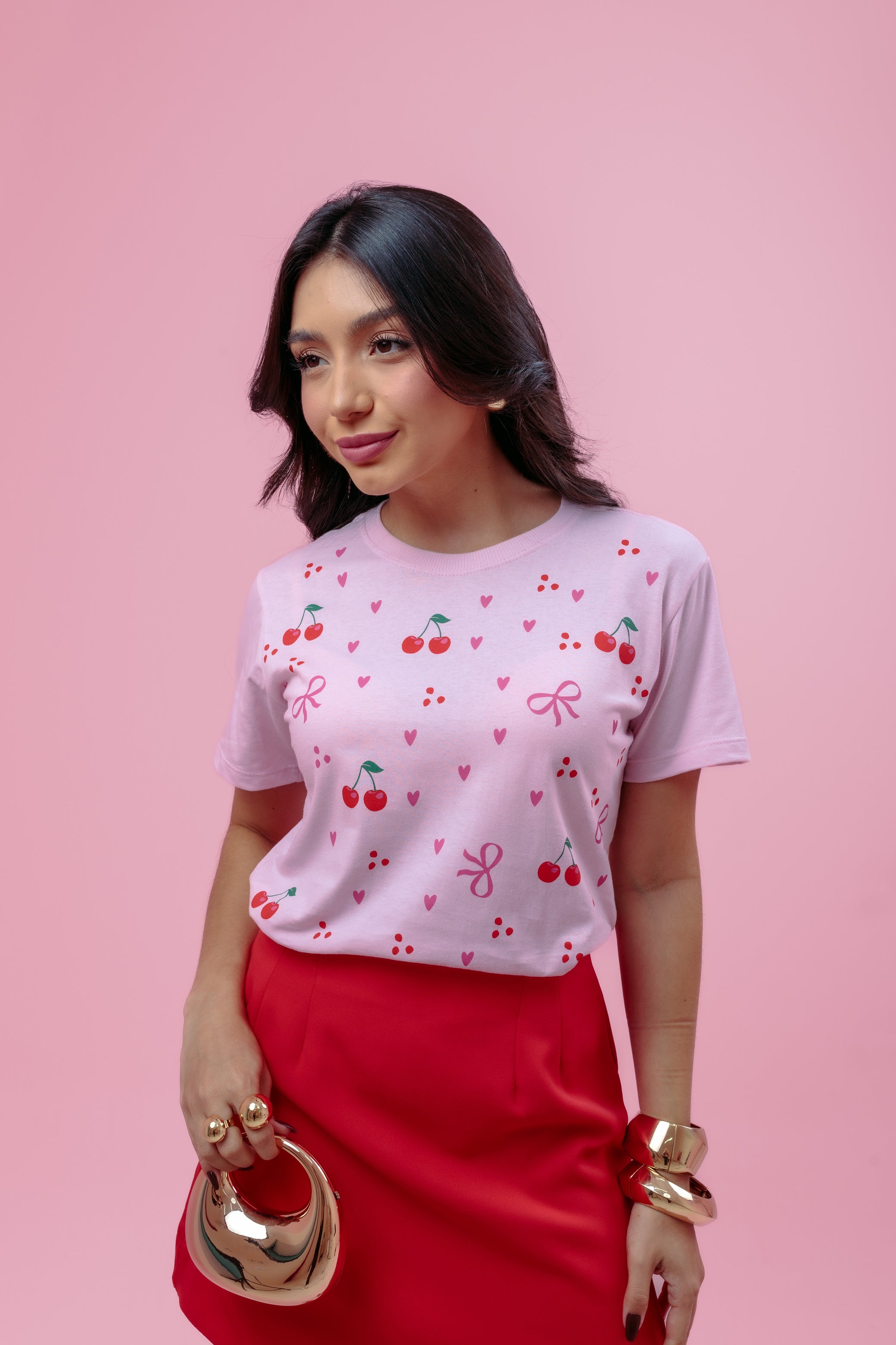 Camiseta Feminina Rosa com Estampa de Cereja