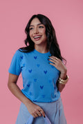 Camiseta Feminina Estampa de Corações Cor Azul
