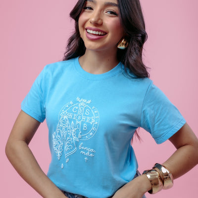 Camiseta Feminina Azul Bebe Estampa auto relevo